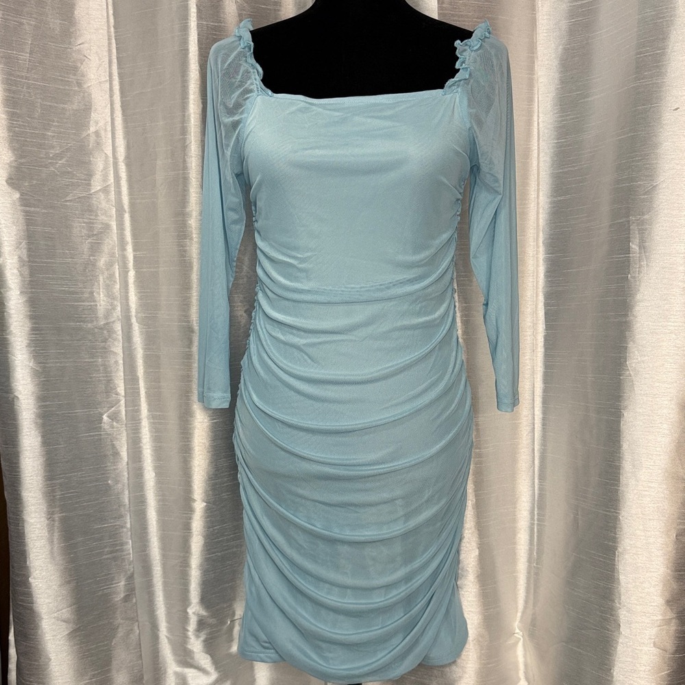 Wulful Ruched Ruffle Dress Jrs 13-14 Lt Blue Sheer Sleeve Lined Square Neck - Picture 2 of 8
